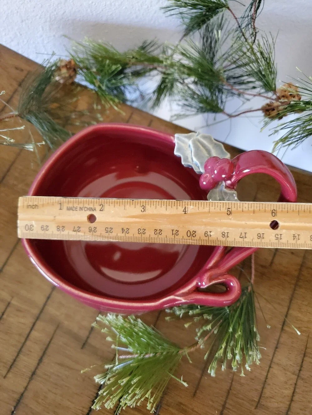 Artisan Handcrafted Red Ceramic Holiday Bowl Holly Berry Handle Festive Pottery